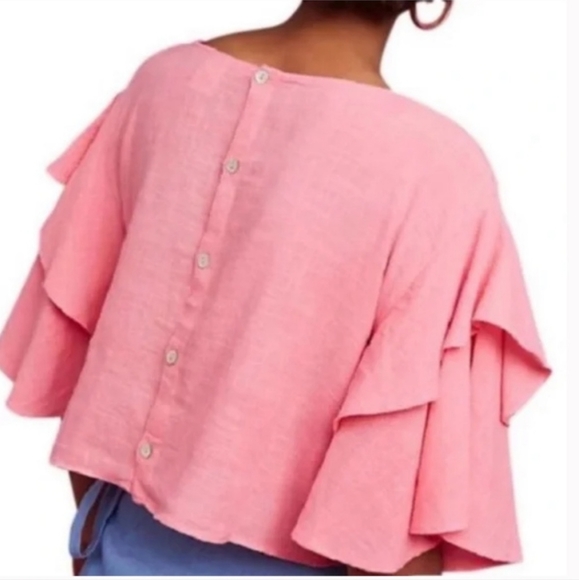 Lilka for Anthropologie Pink Cropped Ruffled Sleeved Top - Picture 2 of 9